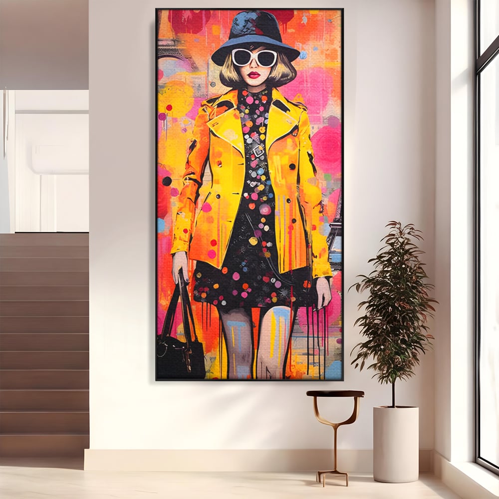 Tablou canvas cu tablou canvas cu ilustratie fashionista, in rama de aluminiu negru